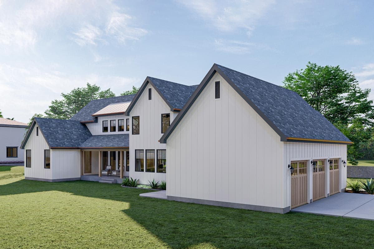 Modern Farmhouse house plan exterior with white vertical siding, a dark gabled roof, covered porch, and a three-car garage.