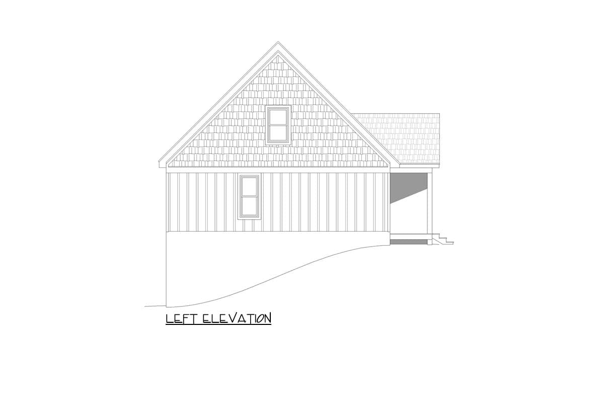 Left elevation house plan with shingled gable end, vertical siding, two windows, and a covered porch.