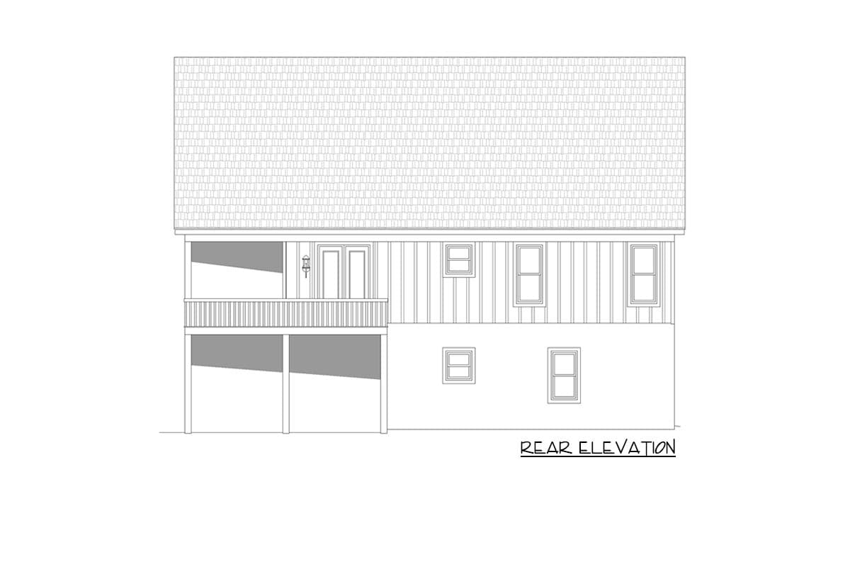 Rear elevation drawing showing a house with a deck, double doors, and multiple windows.