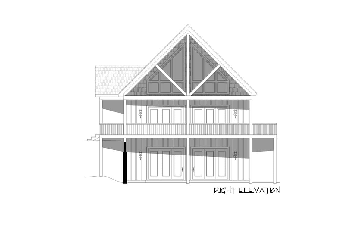 Right elevation drawing of a two-story house with a prominent gable, double balconies, and multiple sets of double doors.