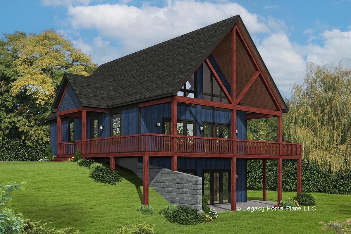 House plan exterior. Two-story contemporary home with gabled roofline, front balcony, and exposed rafter tails.
