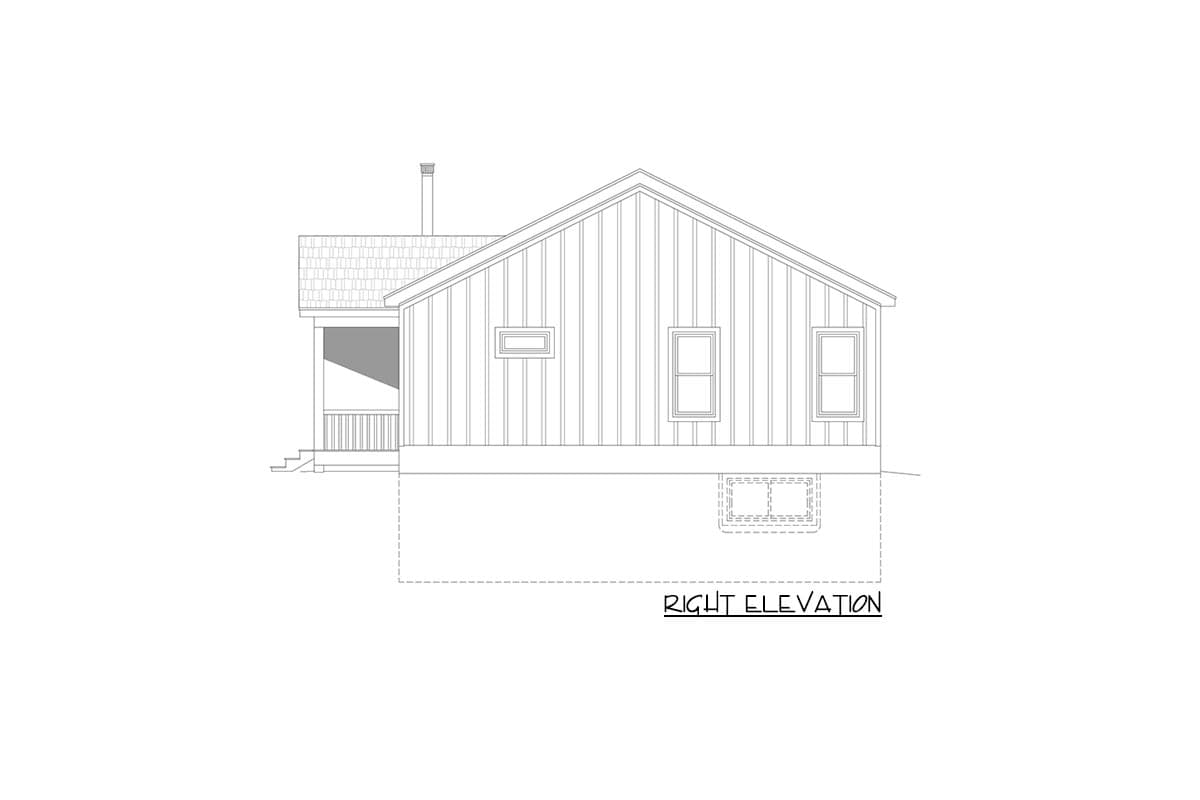 Right elevation of a house plan showing a gable roof, porch, and three windows.