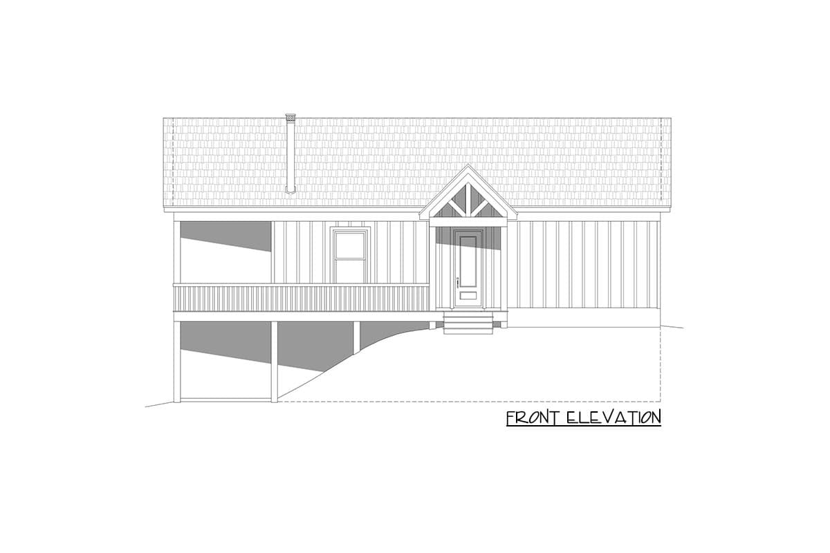 Front elevation drawing of a house plan featuring a gabled entryway, porch, and chimney.