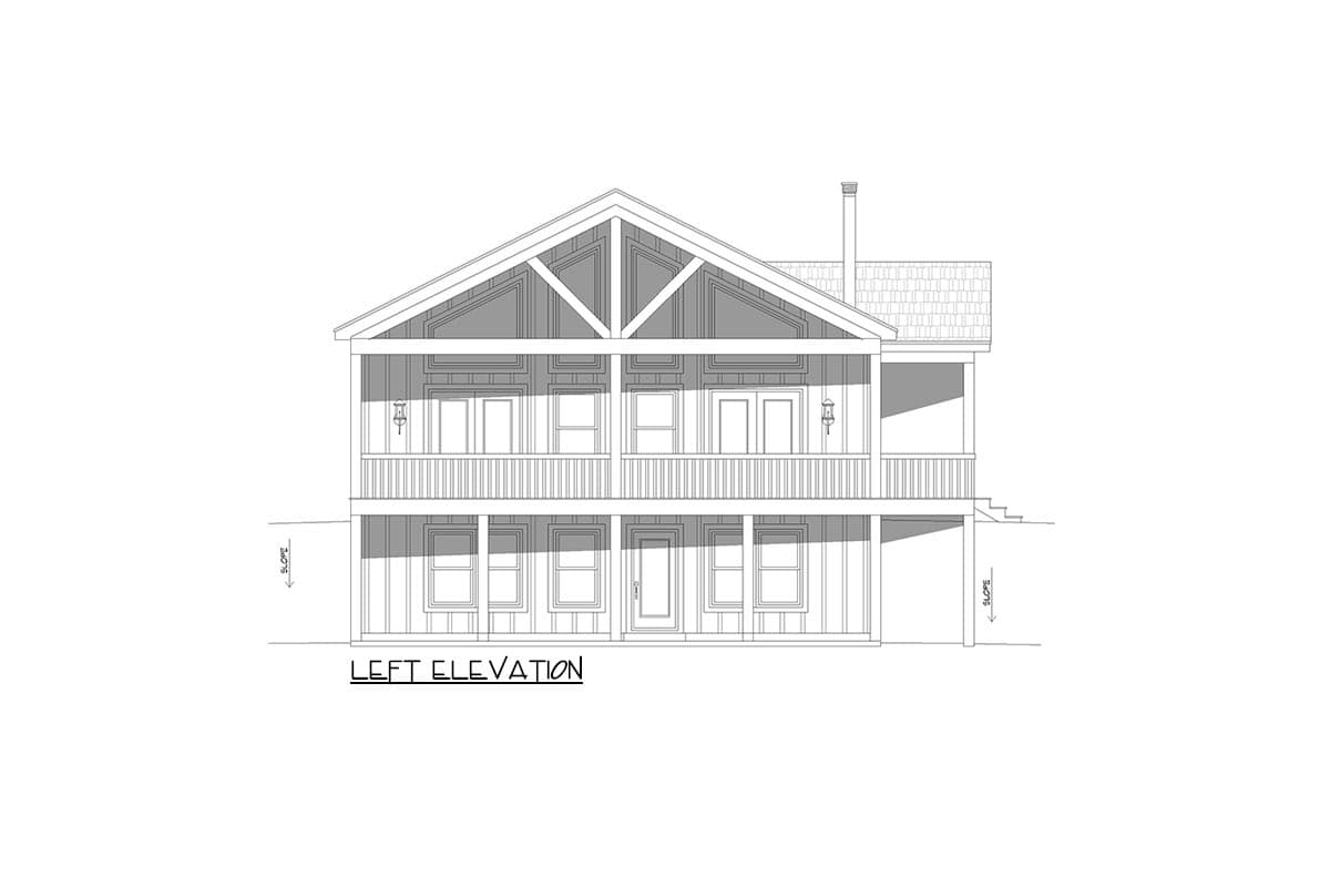 Left elevation drawing of a two-story house plan with a prominent gable, a wraparound porch, and multiple windows.