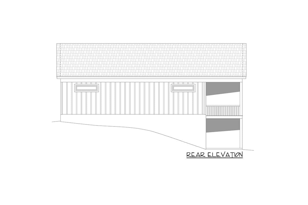 Rear elevation drawing of a house plan with two windows and a two-level deck.