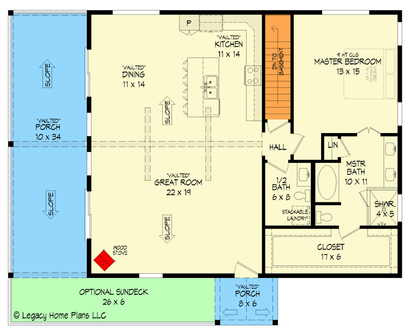 Plan 68919VR: 3-Bed Mountain Home Plan for Sloped Lot - 2510 Sq Ft - Floor Plan - Main Level - Country, Mountain, Rustic