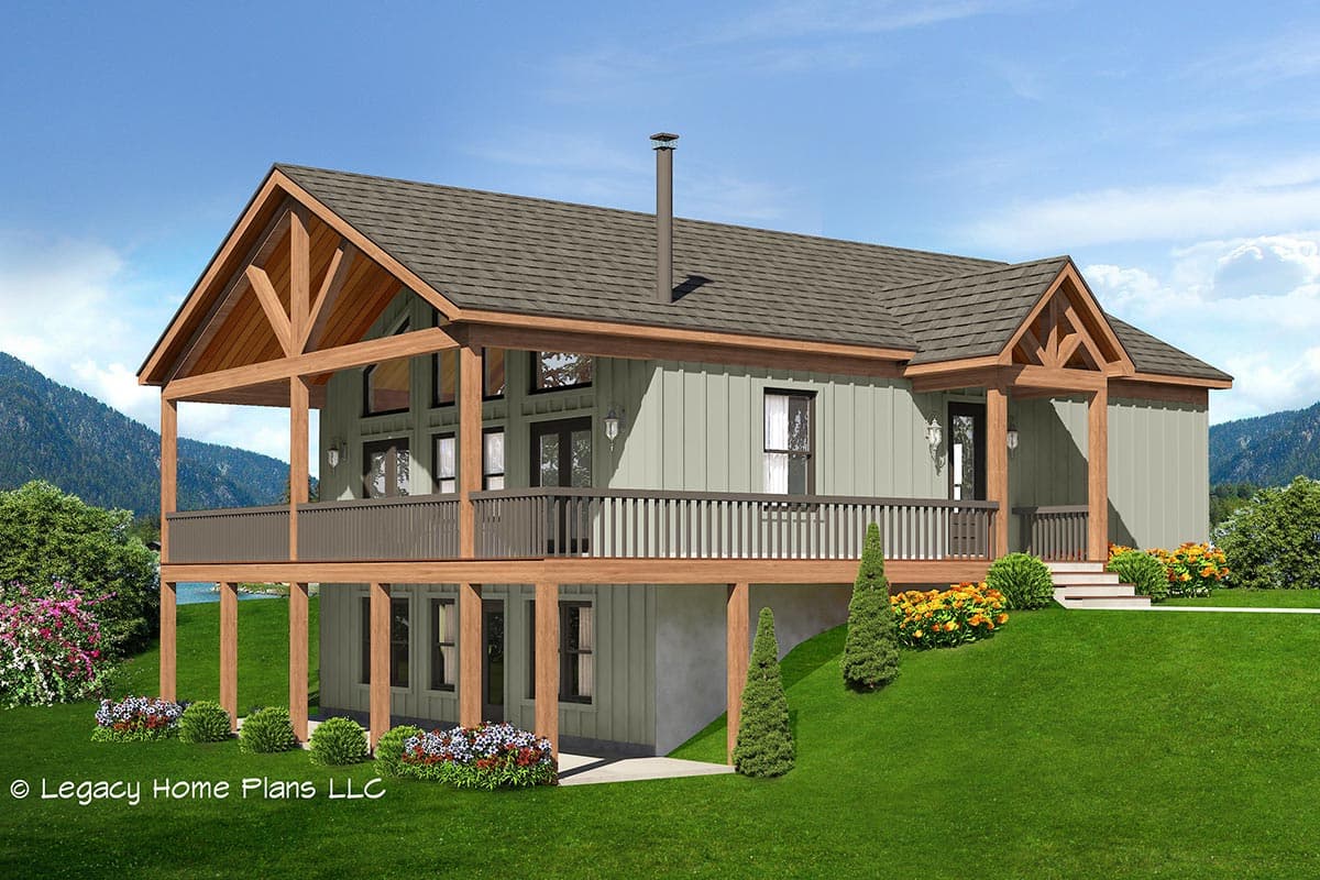 House plan exterior with two stories. Features include a porch with exposed beams, gabled roof, and wood accents. Includes a balcony.
