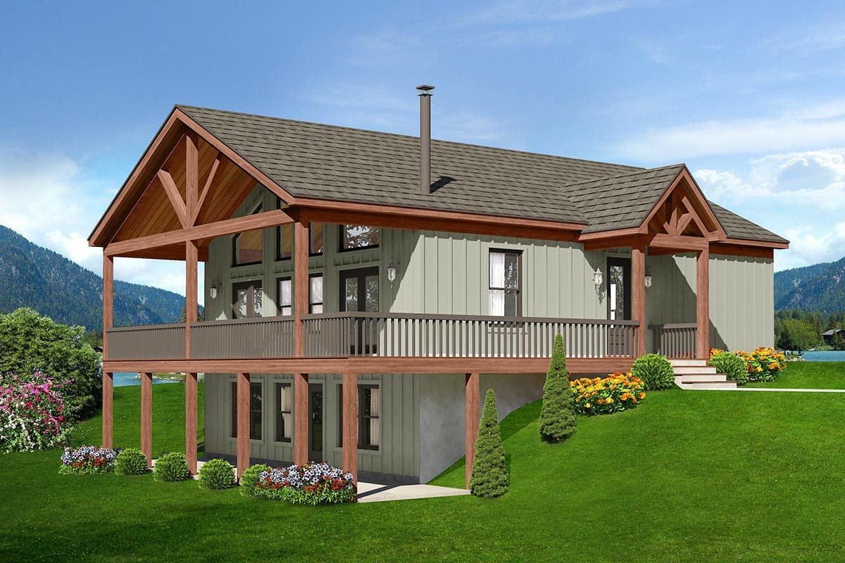 House plan exterior: Modern Farmhouse style, two stories, wrap-around deck, exposed rafter tails, vertical siding.