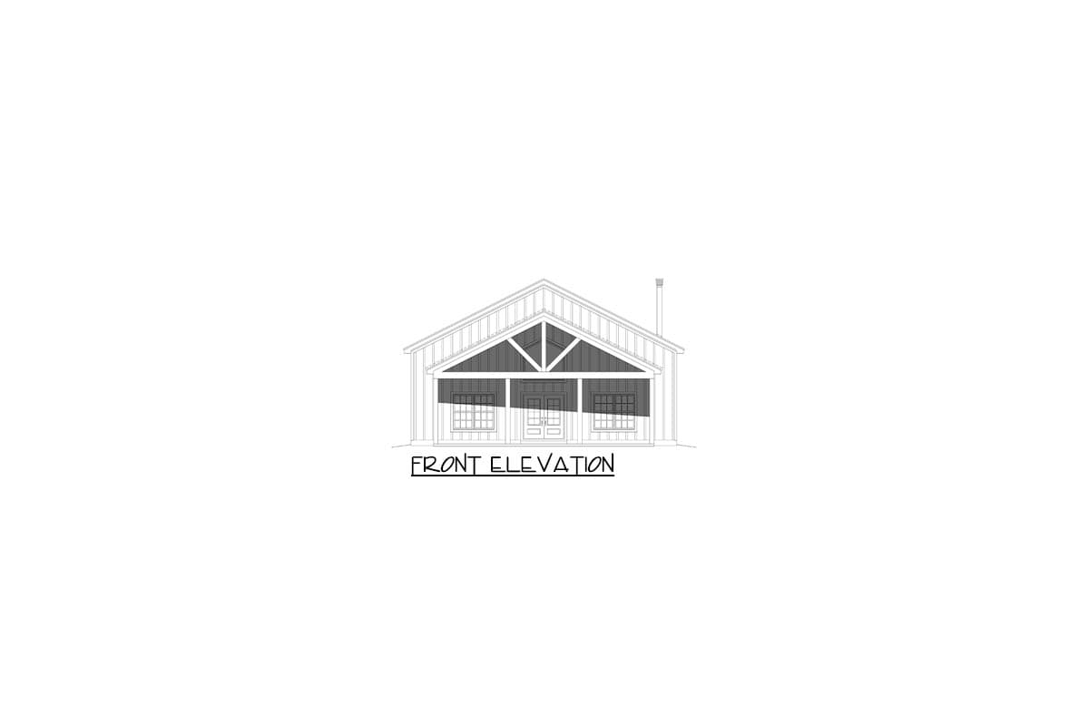 Front elevation drawing of a house plan with a gabled roof, covered porch, double doors, and two windows.