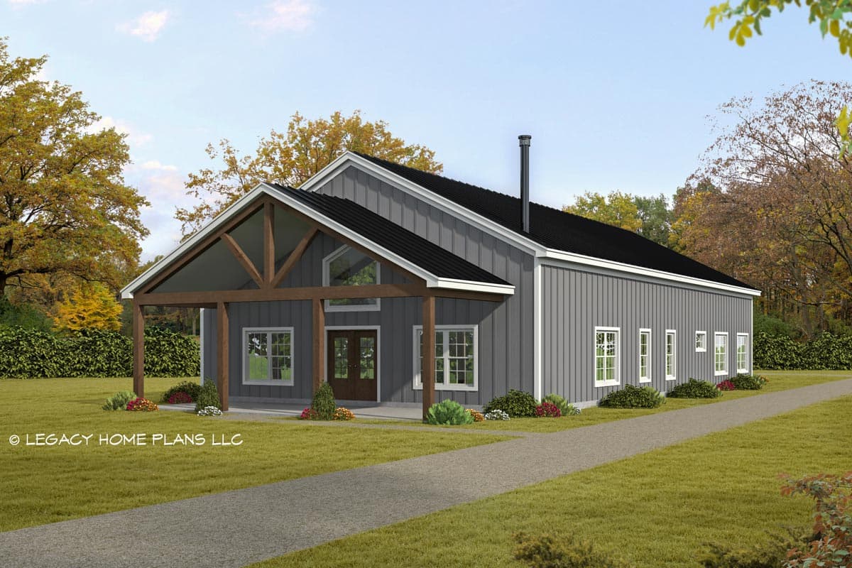 House plan exterior. Modern Farmhouse style with a single story, a gable roof, a covered porch, and a shed-style roof. Vertical siding.