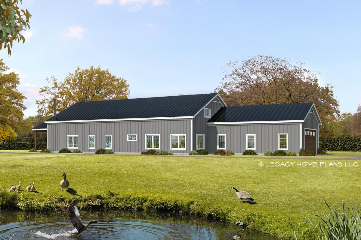 House plan exterior: A one-story Modern Farmhouse with a gray metal-clad exterior, dark metal roof, and attached garage.