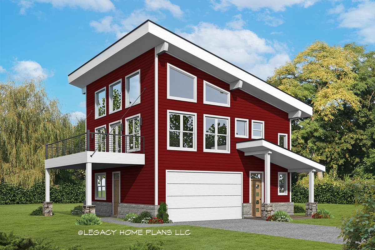 House plan exterior with two stories and a modern style. Features include a cantilevered balcony, shed roof, and attached garage.