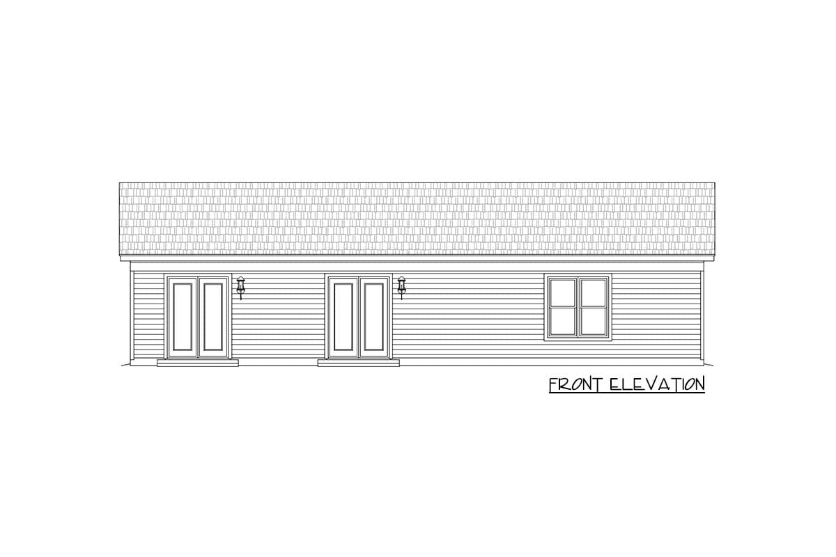 Front elevation drawing of a single-story house with horizontal siding, two double doors, and one window.