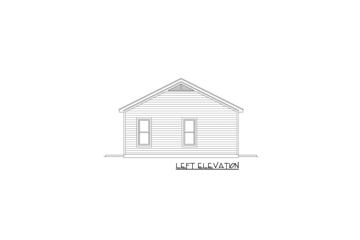 Left elevation drawing of a single-story house plan with horizontal siding, gable roof, and two windows.