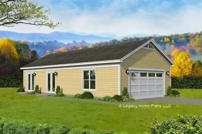 Simple 1-Story 1-Bed Home Plan with 2-Car Garage