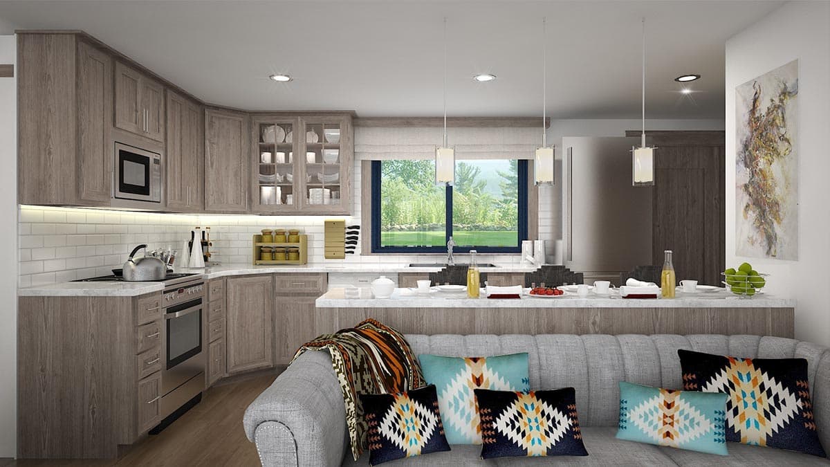 Kitchen and living area rendering with gray cabinetry, subway tile backsplash, island, and sectional sofa with decorative pillows.