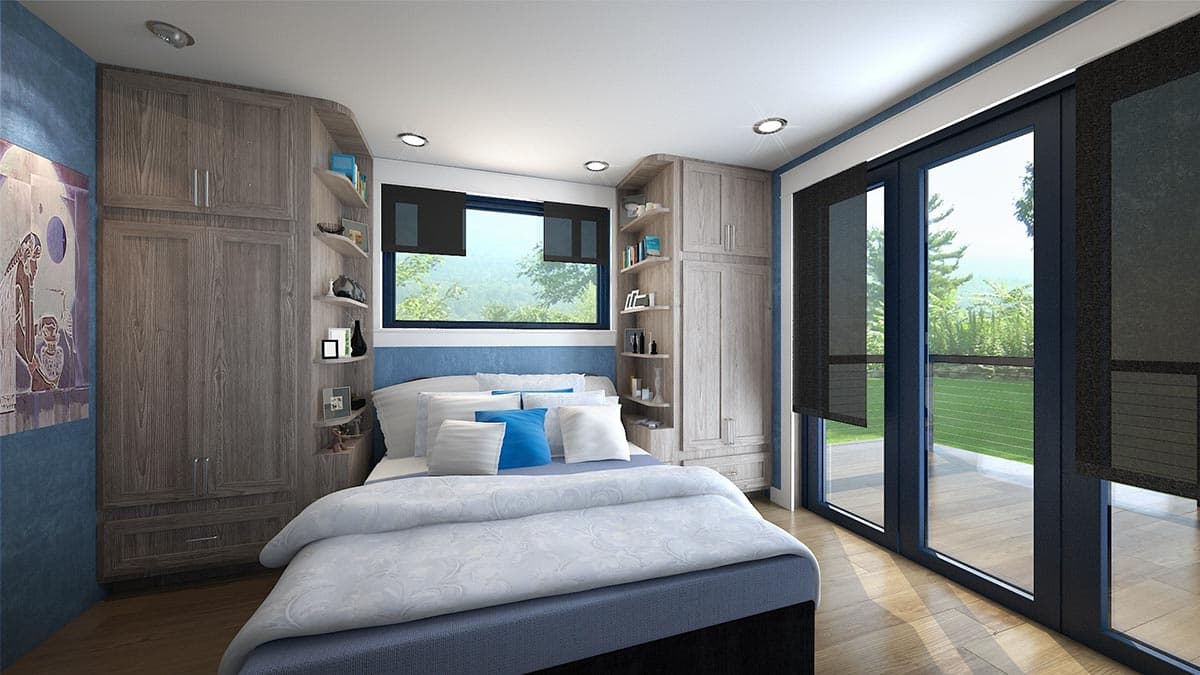 Interior rendering of a bedroom with ample built-in wardrobes, a large window, and sliding glass doors to a backyard.