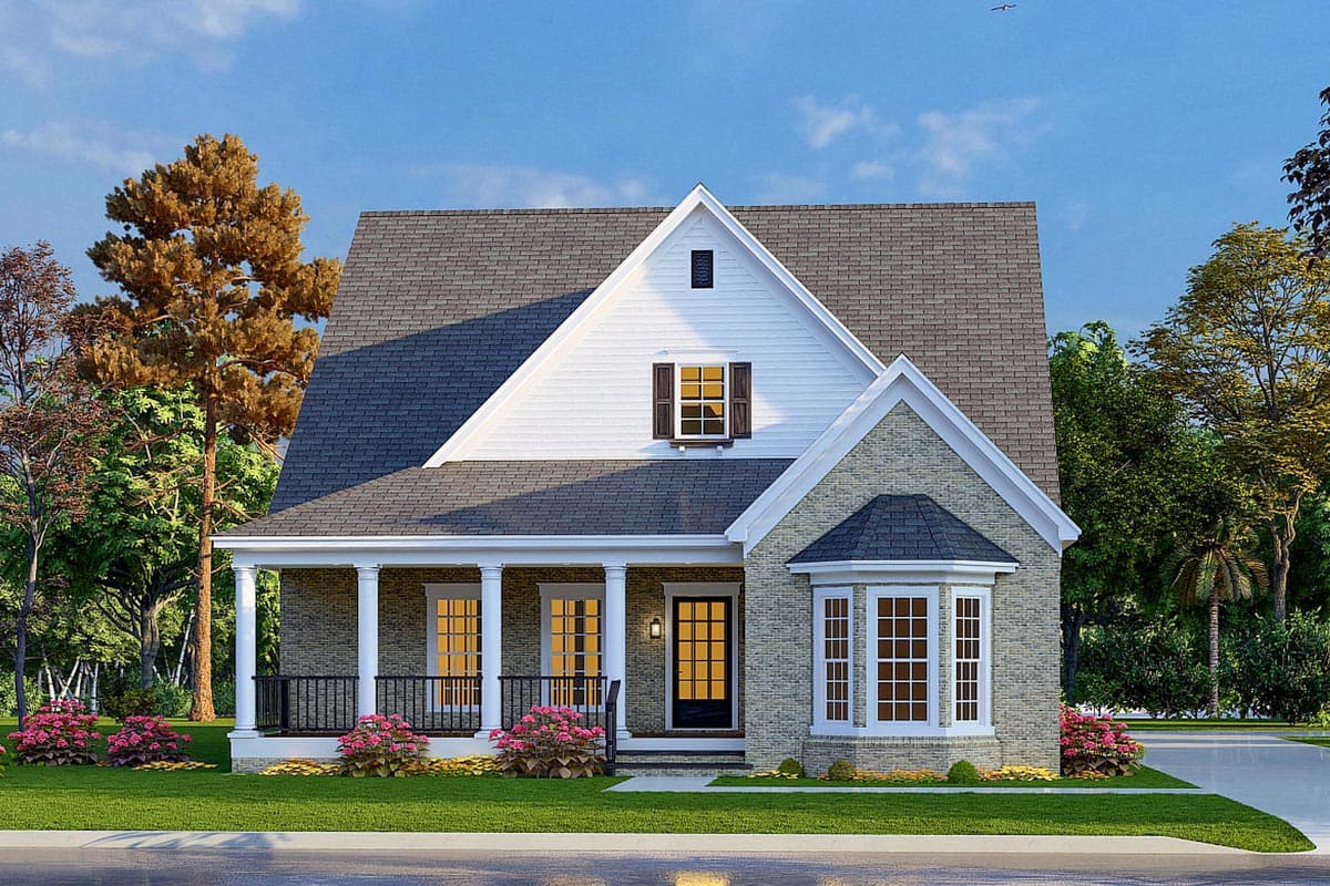 House plan exterior with two stories, a front porch with columns, a gabled roof, and a bay window. The home has a traditional style.