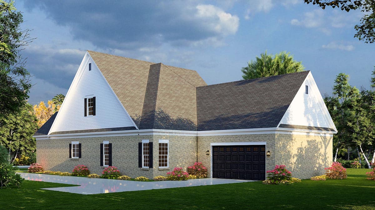 House plan exterior with gabled dormers, brick facade, and attached garage with dark door.