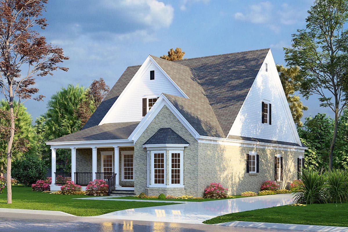 House plan exterior featuring a two-story design with brick siding, a covered porch with columns, bay window, and multiple gables.