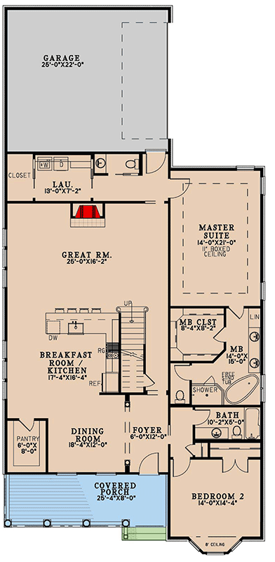 Plan 70753MK: 4-Bed House Plan with Attractive Brick and Wood Exterior and a 4-Columned Porch - Floor Plan - Main Level - Country, Southern, Traditional