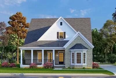 4-Bed House Plan with Attractive Brick and Wood Exterior and a 4-Columned Porch
