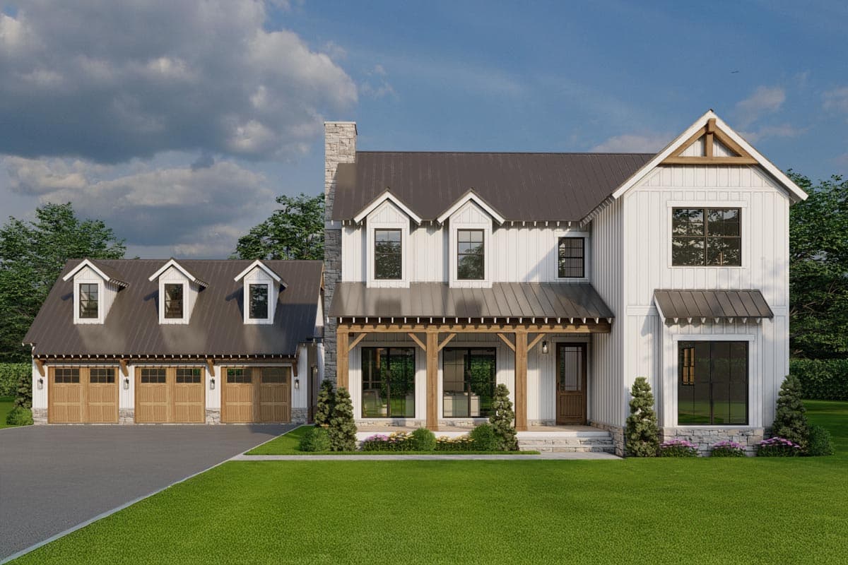 House plan exterior. Two-story Modern Farmhouse with a gabled roof, dormers, and a covered porch. A detached garage with three bays is visible.