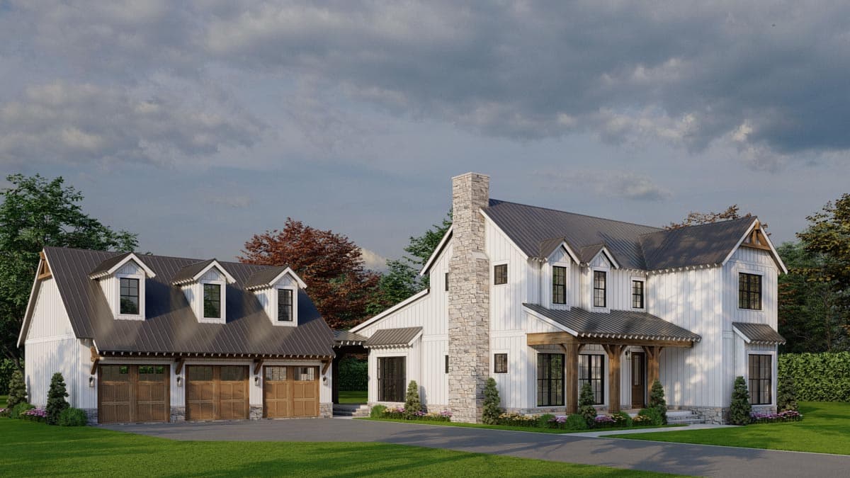 House plan exterior: Modern Farmhouse style, two stories, metal roof, dormers, stone chimney, and three-car garage.