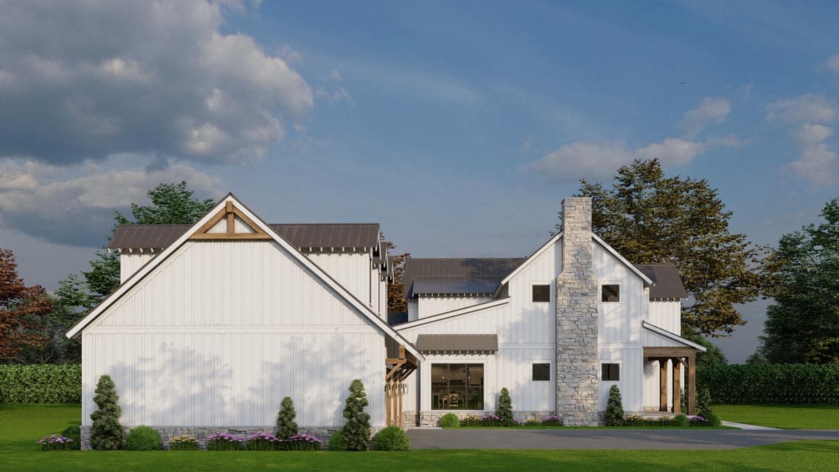 House plan exterior showing a modern farmhouse style with board and batten siding, metal roof, stone chimney, and exposed wooden beams.