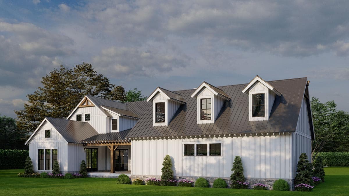 Modern Farmhouse style house plan exterior with board and batten siding, metal roof, dormer windows, and covered porch.