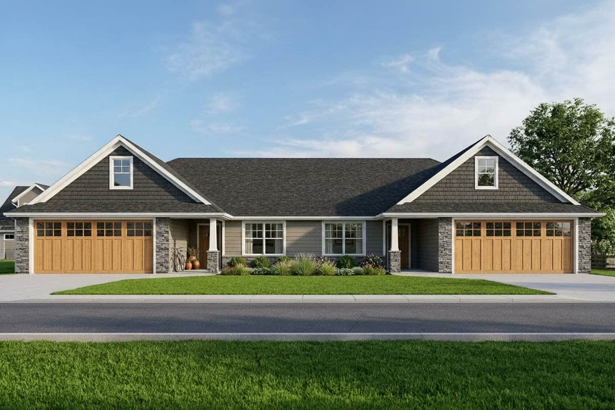 House plan exterior. Ranch style with two stories, two-car garage, multiple gables, and shake siding on the gables.