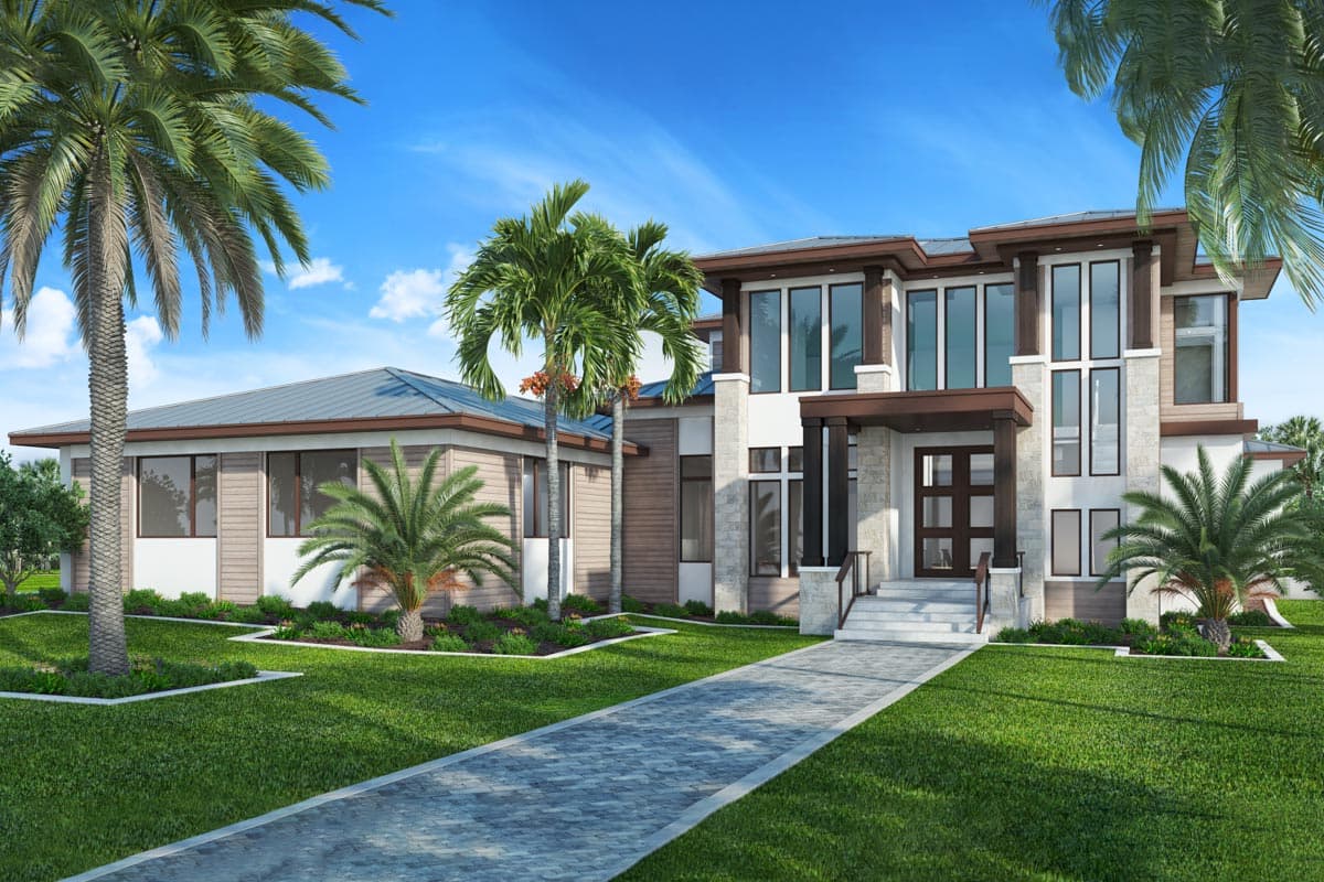 House plan exterior. Two-story Modern house with a flat roof, prominent front entry, and large windows. Includes a walkway and landscaping.