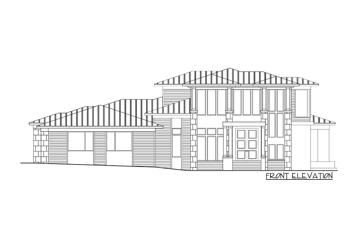 Front elevation drawing of a two-story house plan featuring a covered entry porch with square columns and a multi-pitched roof.