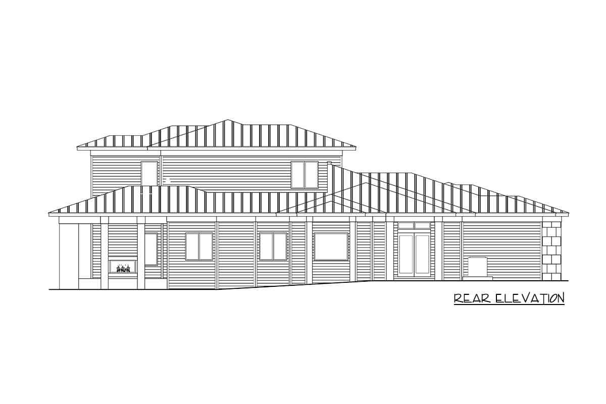 Rear elevation drawing of a two-story house with a multi-pitched roofline, horizontal siding, and multiple windows.