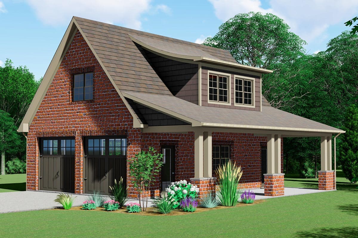 House plan exterior with two-story brick facade, gable roof, covered porch, dormer, and attached garage.