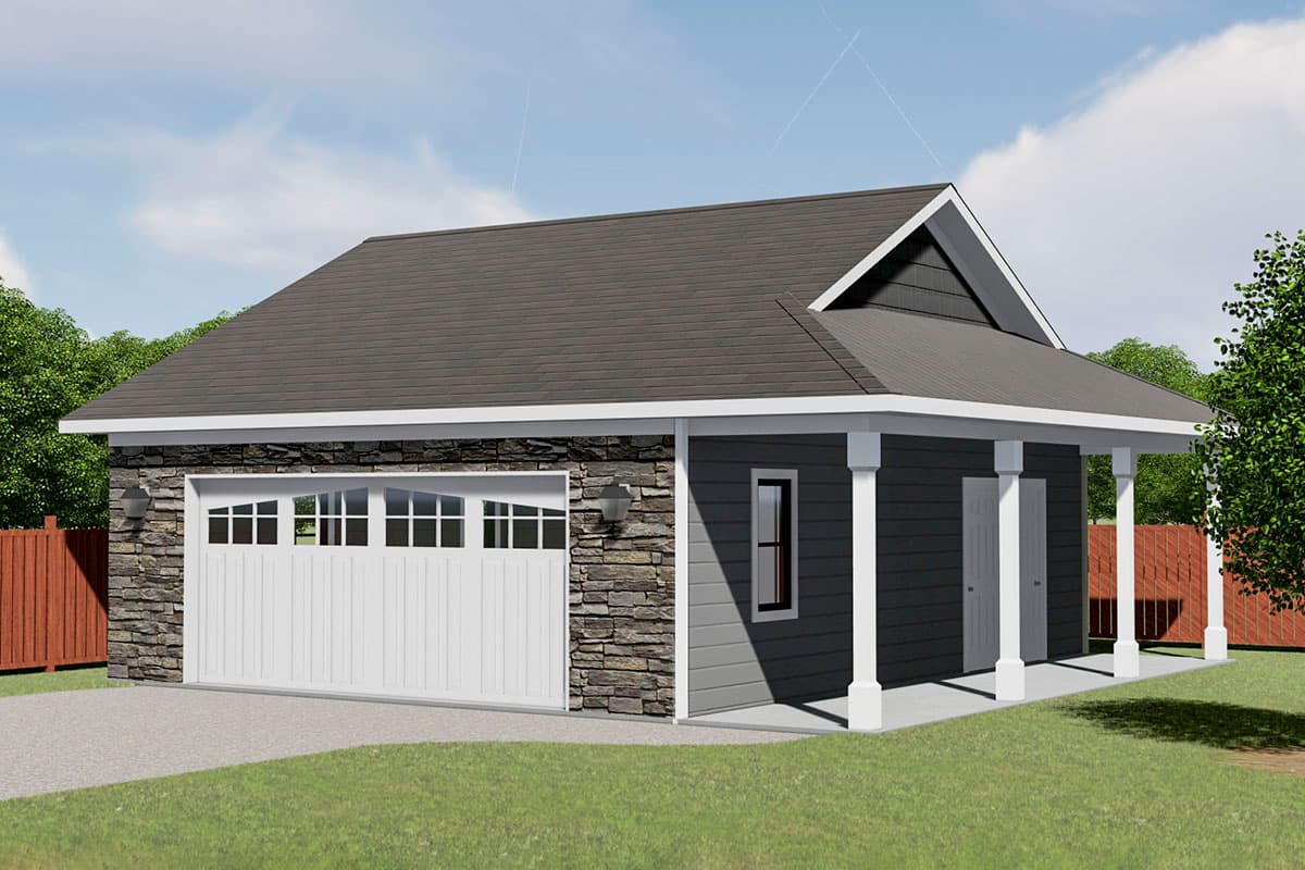 House plan exterior with a single story, garage with stone facade, covered porch, and gabled roofline.