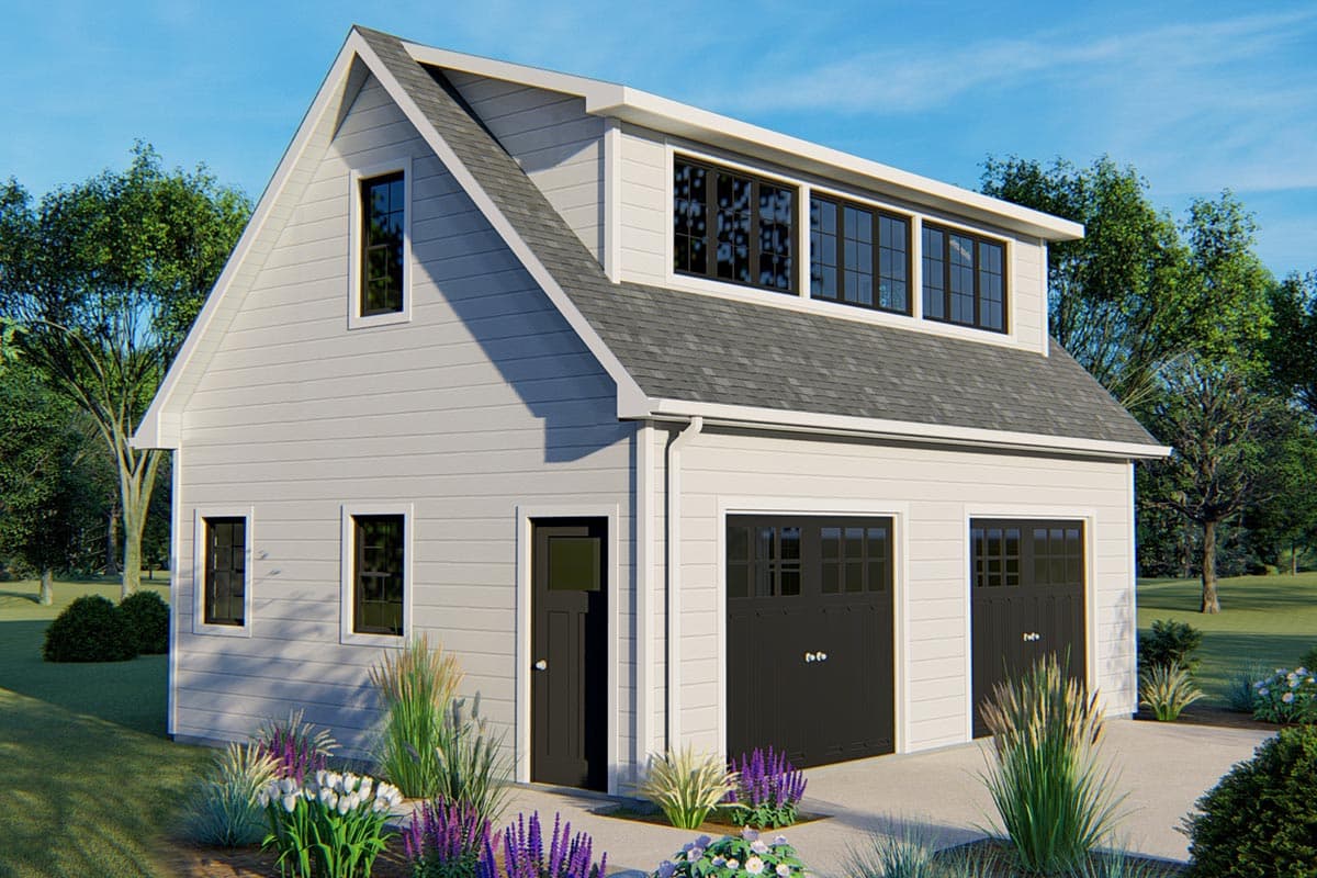House plan exterior. Two-story structure with gable roof. Includes a dormer with multiple windows, two-car garage, and a side entry door.