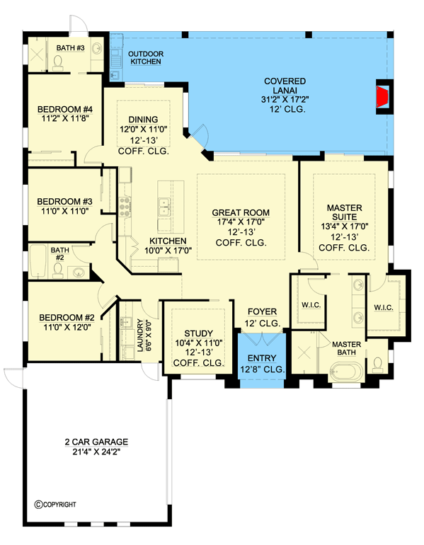 Plan 86099BW: One-level Florida Home Plan with Study and Large Lanai - Floor Plan - Main Level - Coastal, Florida-Style, New American, Southern