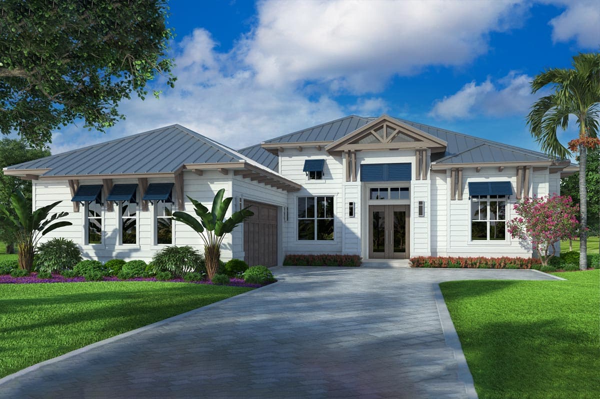House plan exterior. Coastal style, one-story home with gabled roof, blue window awnings, and an attached garage. Paver driveway.