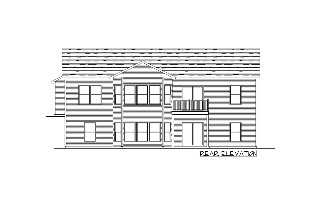 Rear elevation house plan showing two stories, multiple windows, a balcony, and sliding doors.