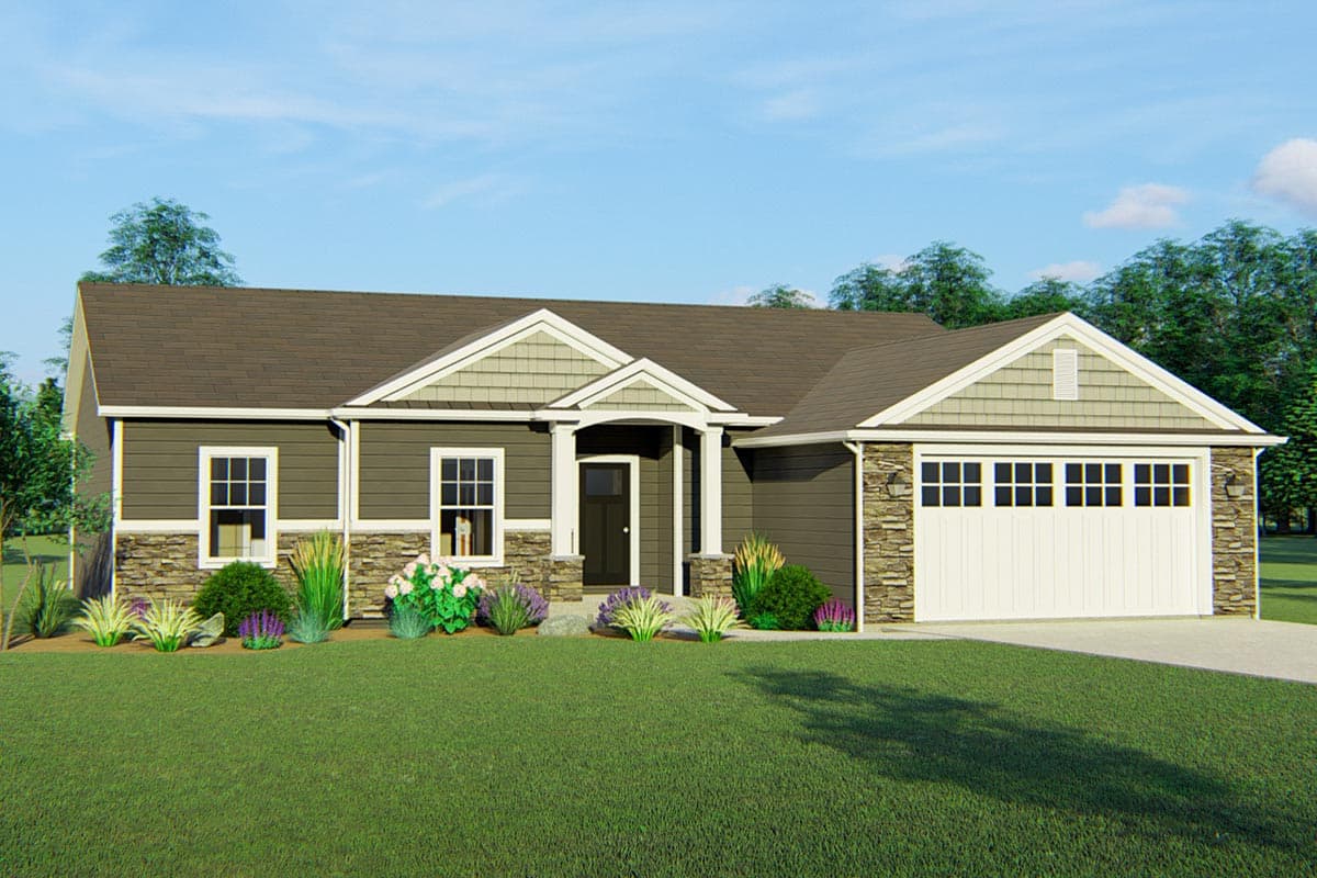 House plan exterior with Craftsman style, single story, and a front-entry garage. Features include a gabled roof and stone accents on the facade.