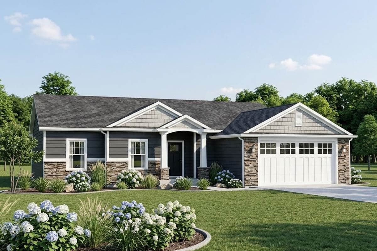 House plan exterior with Craftsman style, single story, and a front-entry garage. Features include a gabled roof and stone accents on the facade.