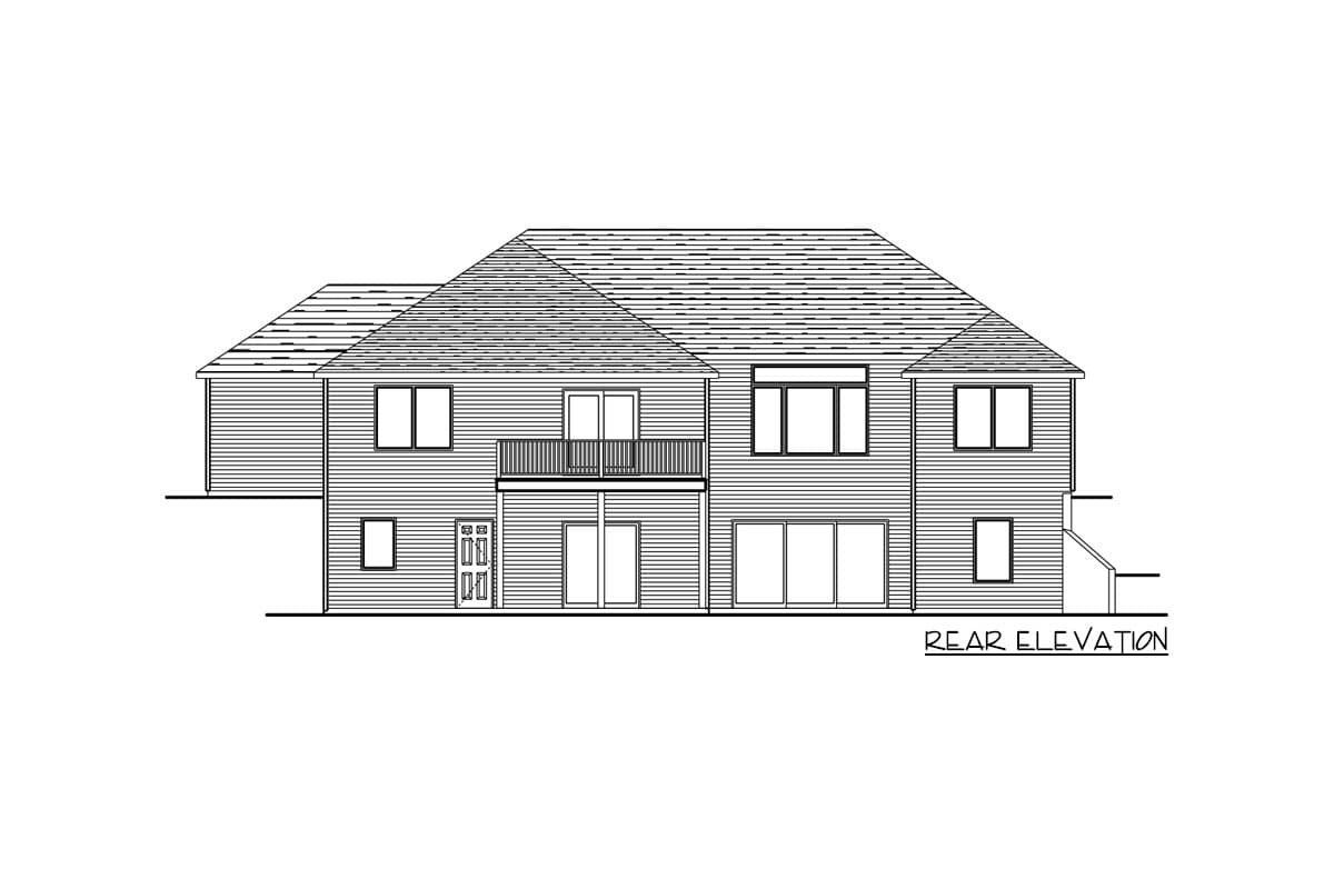 Rear elevation drawing of a two-story house with a balcony, multiple windows, and a gabled roof.
