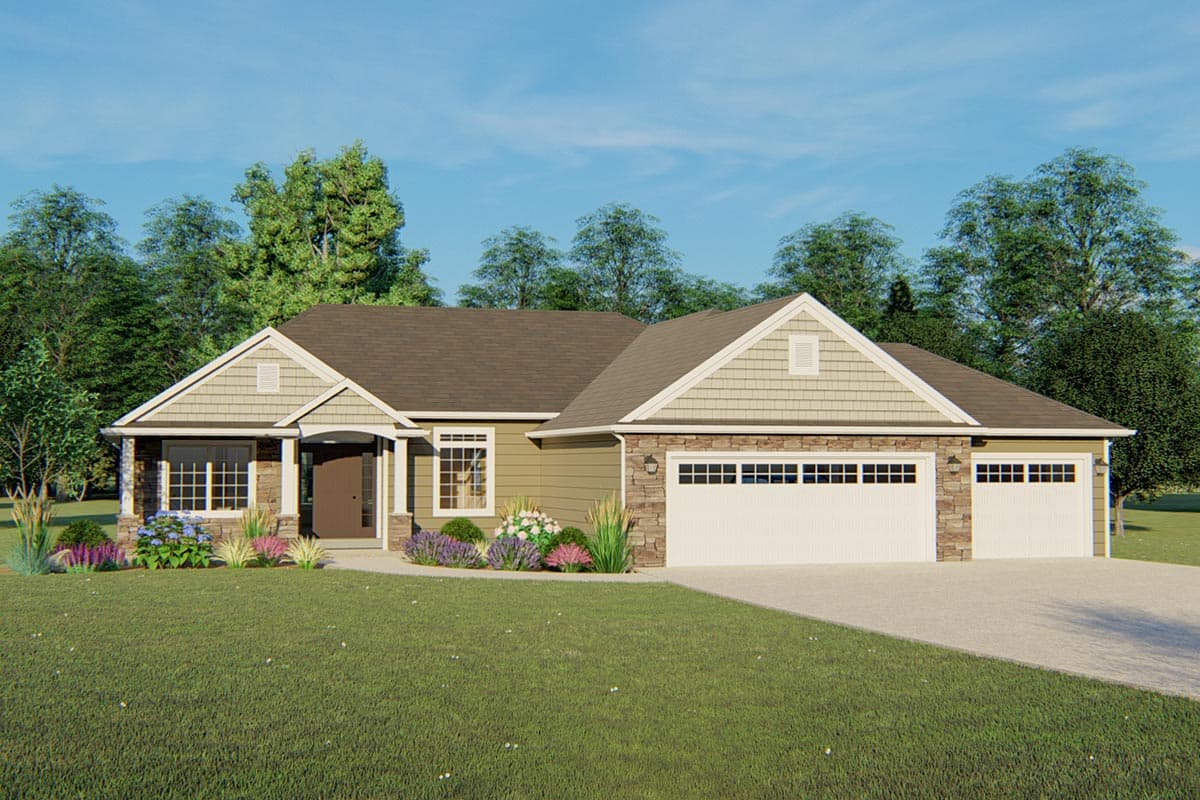 House plan exterior. Ranch style with a stone facade, gabled roof, and two-car garage. Features include a covered entry and dormer.