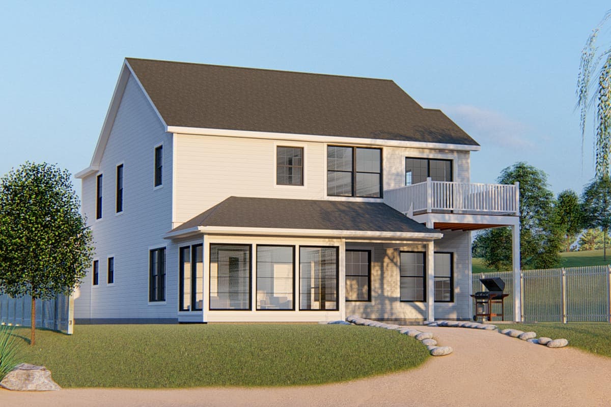 Two-story Modern Farmhouse plan with gabled roof, sunroom, and second-story balcony.