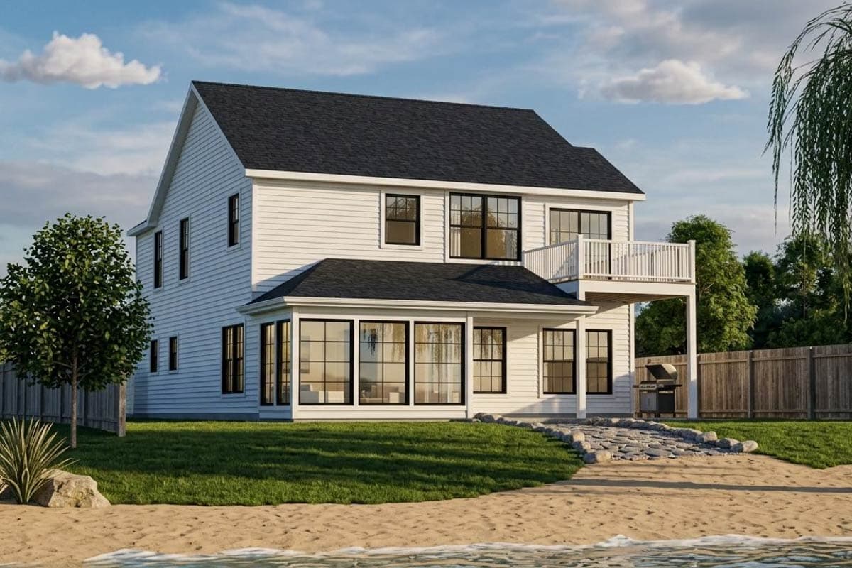 Two-story Modern Farmhouse plan with gabled roof, sunroom, and second-story balcony.