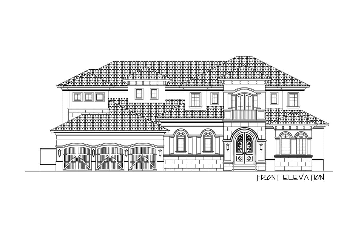 Front elevation house plan with a tile roof, multiple gables, arched windows, and a three-car garage.