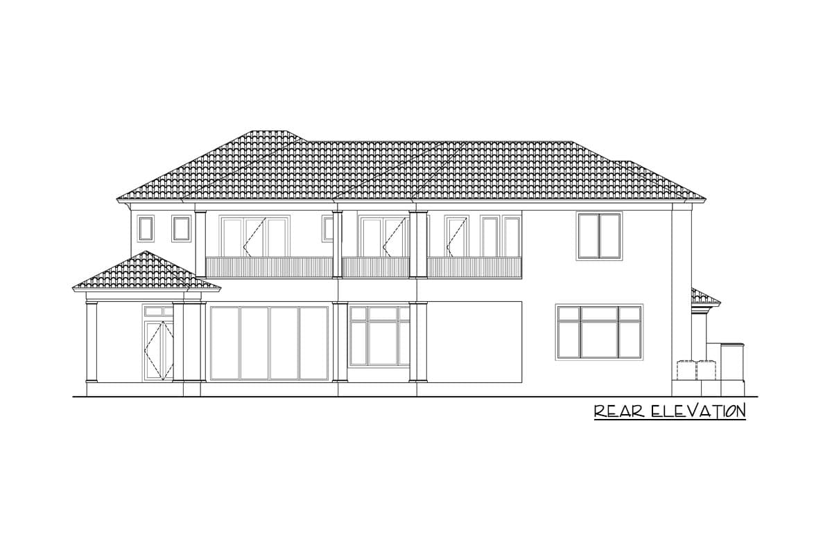 Rear elevation drawing of a two-story house with a hip roof, balconies, and multiple large windows.