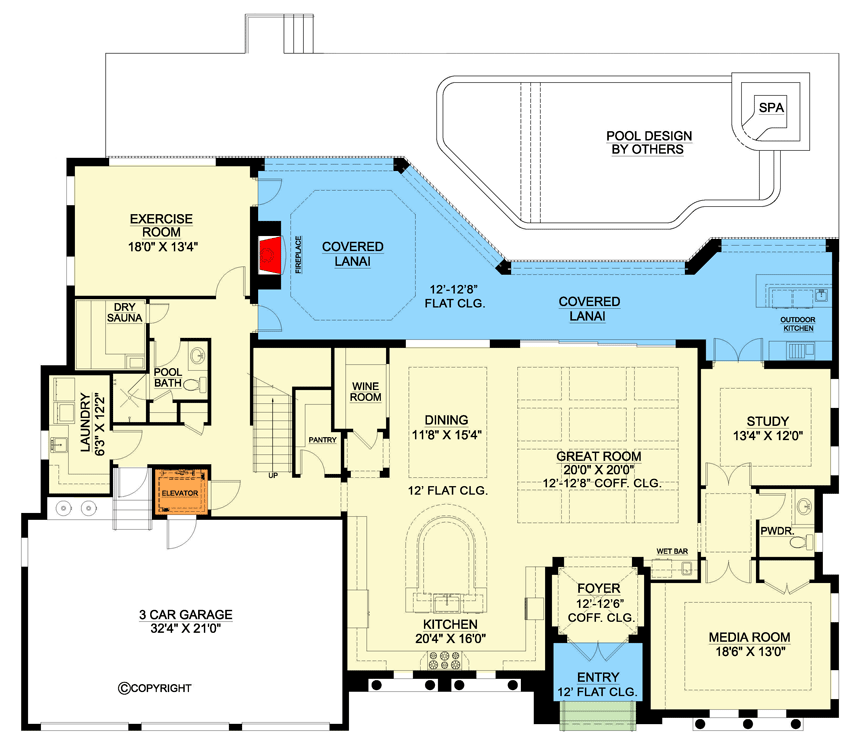 Plan 86101BW: Luxury European House Plan with Home Office and Exercise Room with Sauna - Floor Plan - Main Level - Coastal, European, Florida-Style, Mediterranean