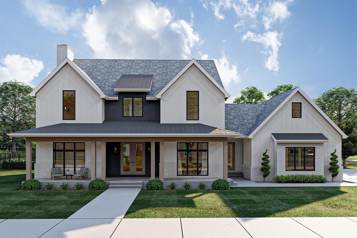 House plan exterior. Two-story Modern Farmhouse with gabled roof, covered porch, and board-and-batten siding. Features include multiple dormers.